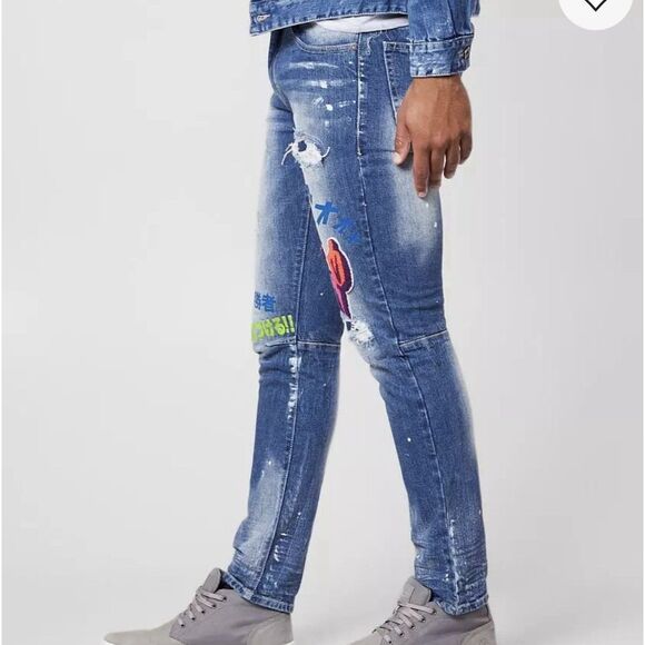 New Smoke Rise Taper Stretch Jean Graphic Graffiti Embroidered Patches Grunge - Picture 3 of 12